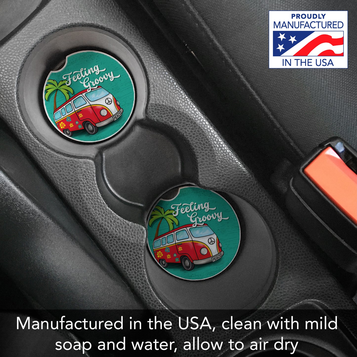 Feeling Groovy 2 Pack Absorbent Stone Car Coasters 2.6" Manufactured in the USA
