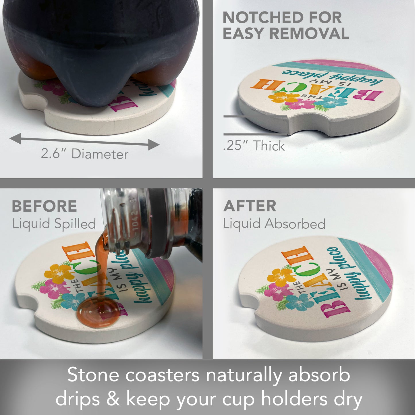 Beach Happy Place 2 Pack Absorbent Stone Car Coasters 2.6" Manufactured in the USA