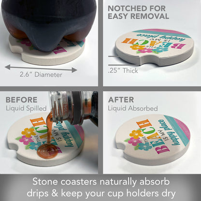 Beach Happy Place 2 Pack Absorbent Stone Car Coasters 2.6" Manufactured in the USA