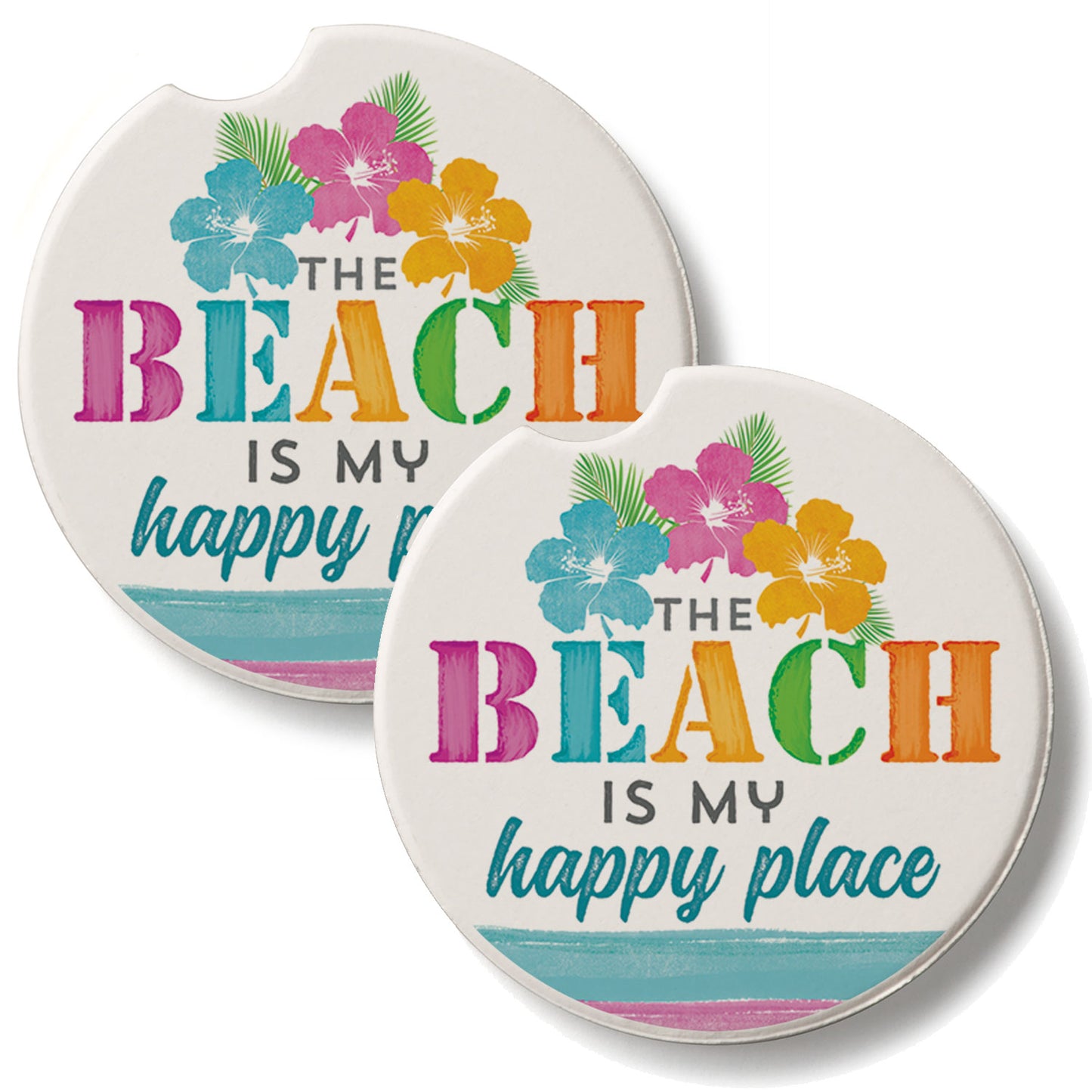 Beach Happy Place 2 Pack Absorbent Stone Car Coasters 2.6" Manufactured in the USA
