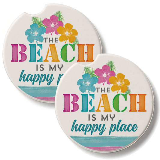 Beach Happy Place 2 Pack Absorbent Stone Car Coasters 2.6" Manufactured in the USA