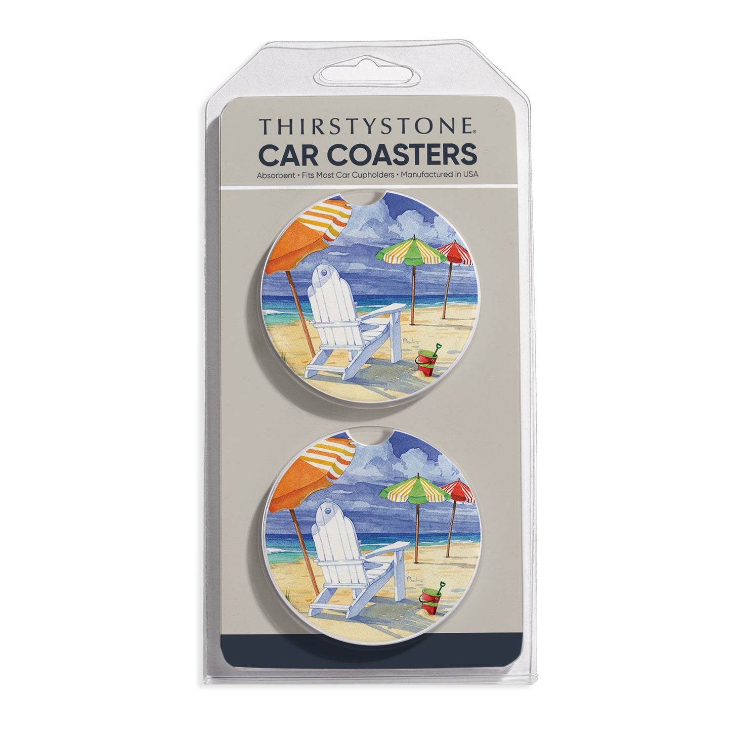 Beach Umbrellas 2 Pack Absorbent Stone Car Coasters 2.6" Manufactured in the USA
