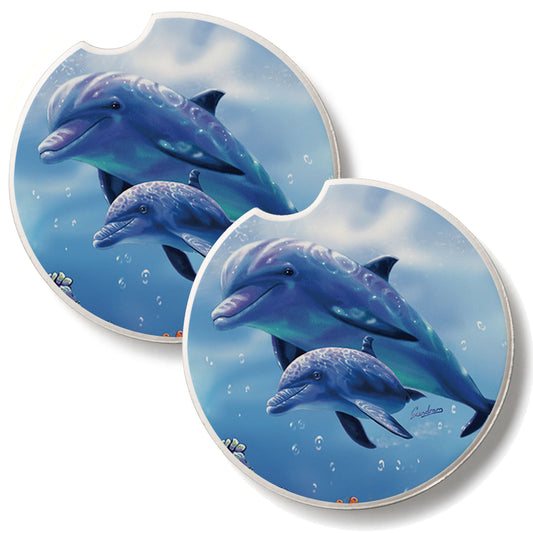 Dolphin with Baby 2 Pack Absorbent Stone Car Coasters 2.6" Manufactured in the USA