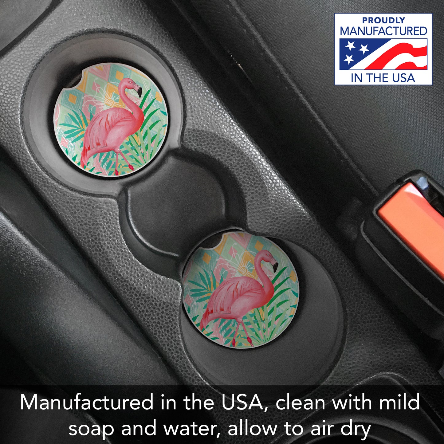 Diamond Flamingos 2 Pack Absorbent Stone Car Coasters 2.6" Manufactured in the USA