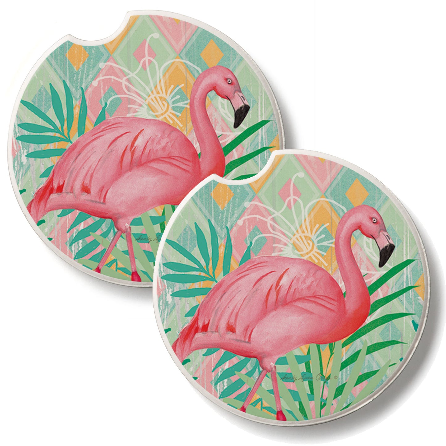 Diamond Flamingos 2 Pack Absorbent Stone Car Coasters 2.6" Manufactured in the USA
