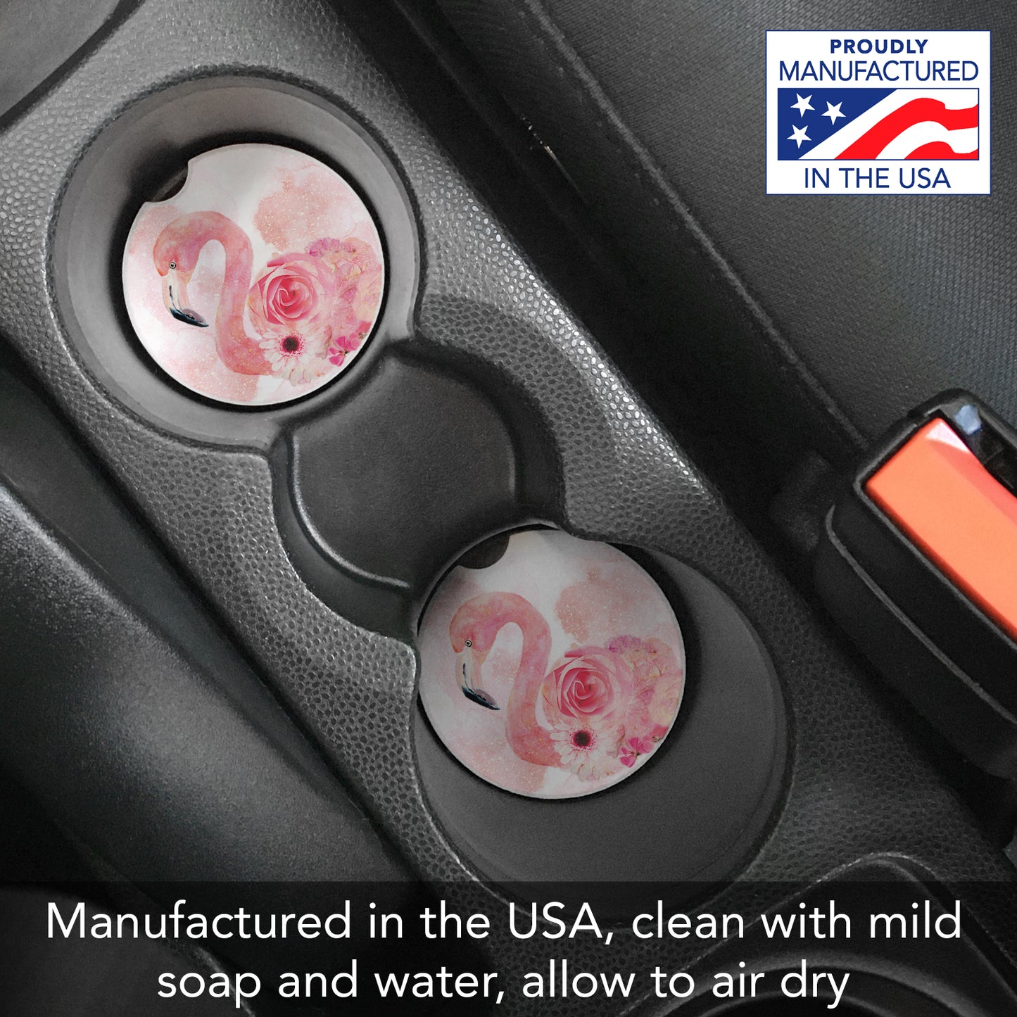 Floral Flamingo 2 Pack Absorbent Stone Car Coasters 2.6" Manufactured in the USA