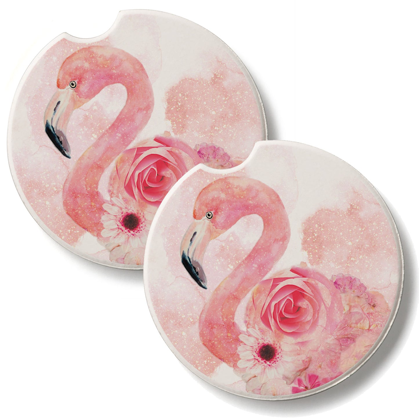 Floral Flamingo 2 Pack Absorbent Stone Car Coasters 2.6" Manufactured in the USA
