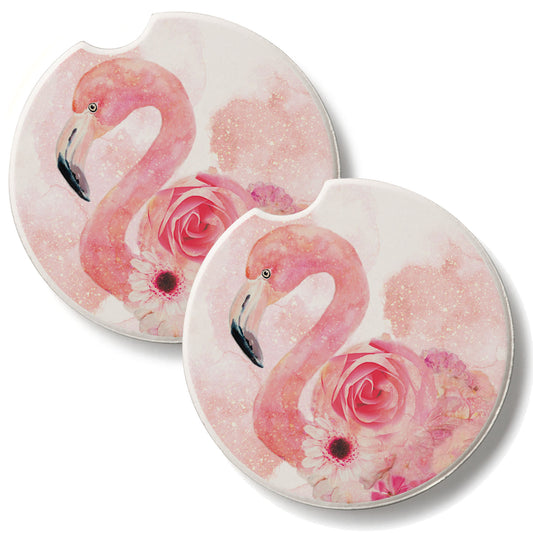 Floral Flamingo 2 Pack Absorbent Stone Car Coasters 2.6" Manufactured in the USA