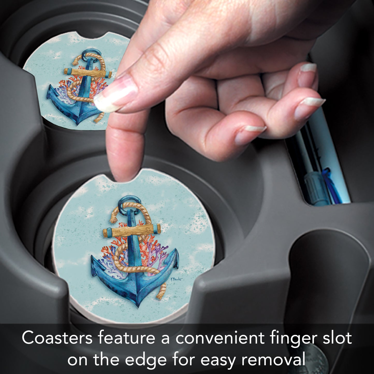 Submerged Anchor 2 Pack Absorbent Stone Car Coasters 2.6" Manufactured in the USA