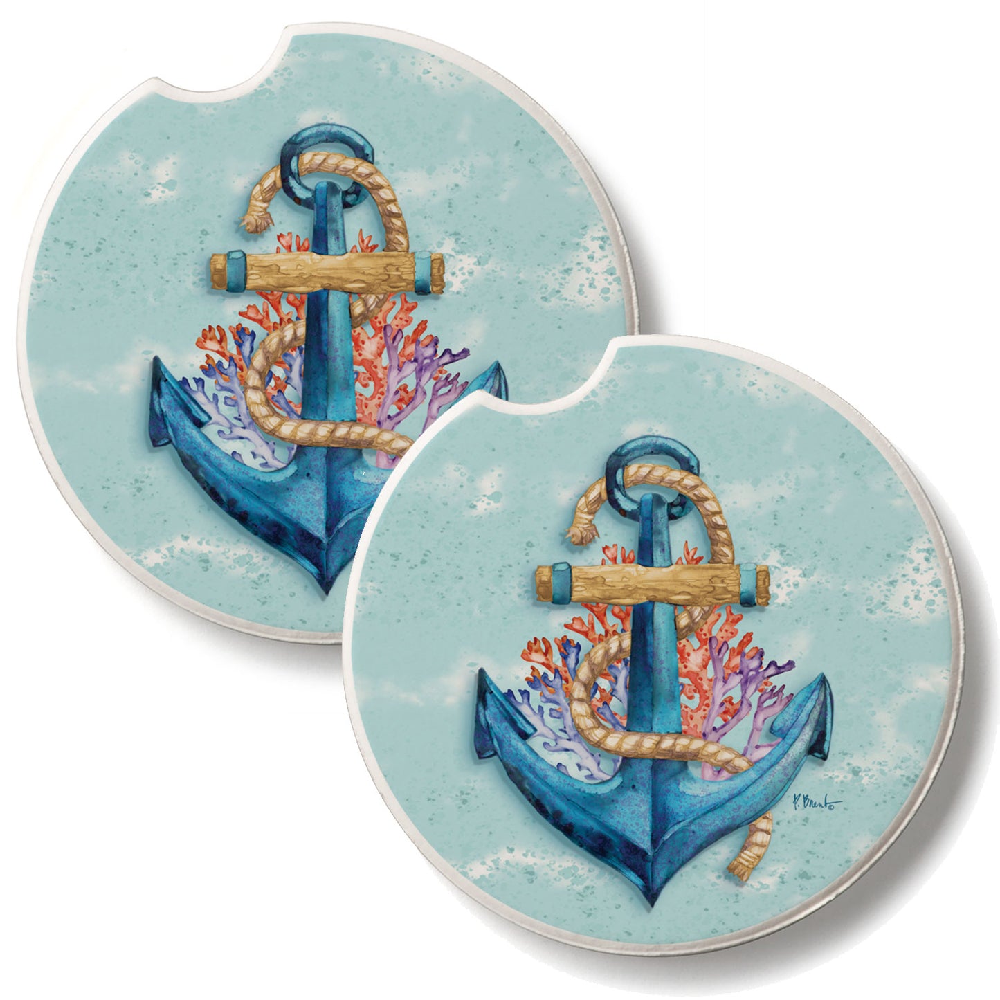 Submerged Anchor 2 Pack Absorbent Stone Car Coasters 2.6" Manufactured in the USA