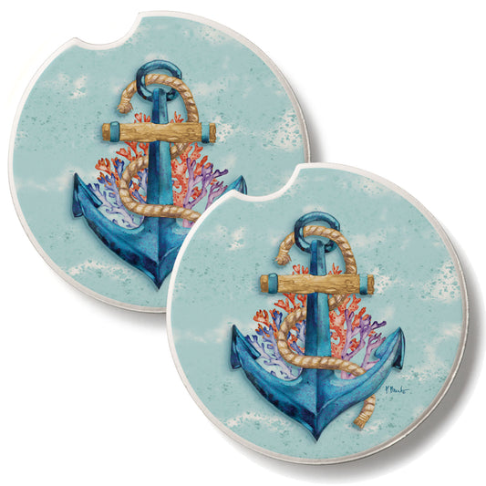 Submerged Anchor 2 Pack Absorbent Stone Car Coasters 2.6" Manufactured in the USA