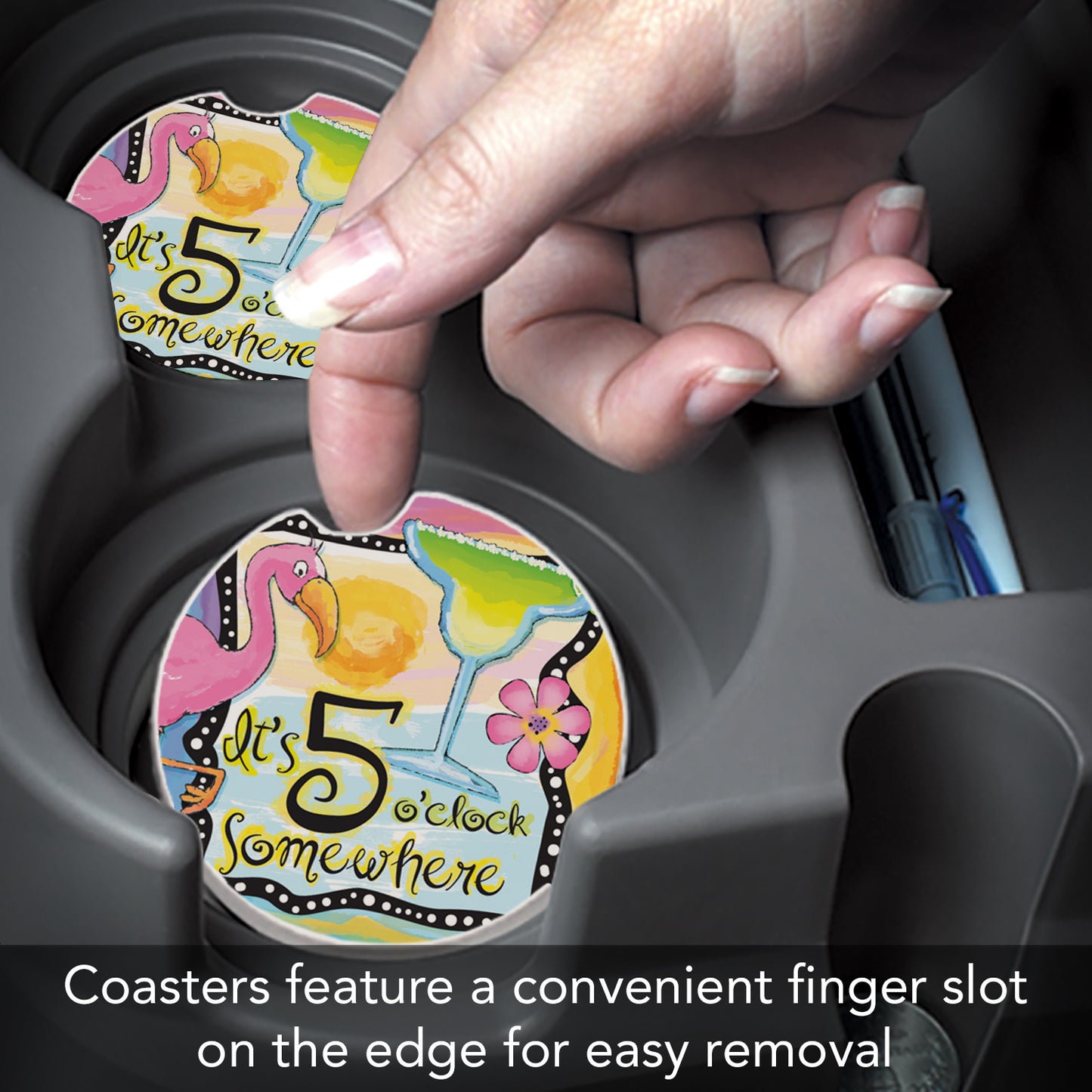 Five O' Clock Somewhere 2 Pack Absorbent Stone Car Coasters 2.6" Manufactured in the USA