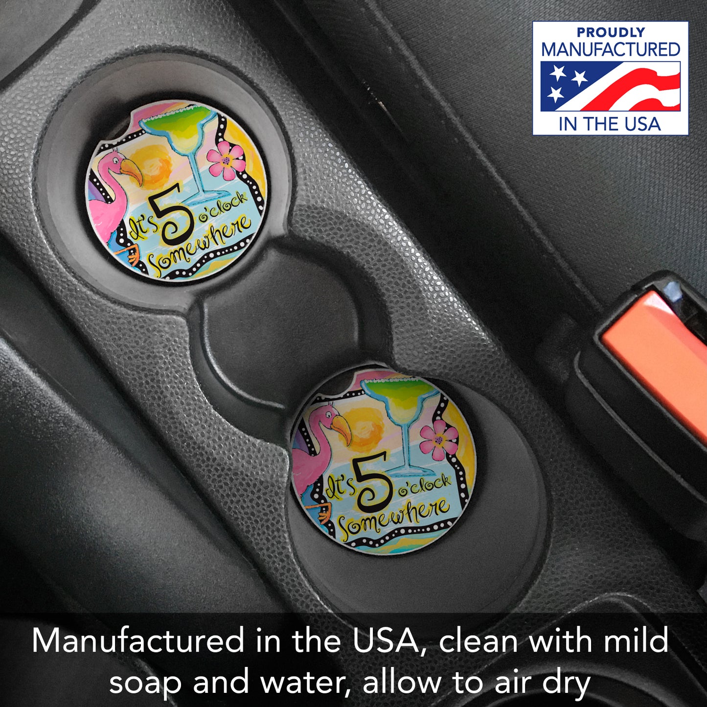 Five O' Clock Somewhere 2 Pack Absorbent Stone Car Coasters 2.6" Manufactured in the USA