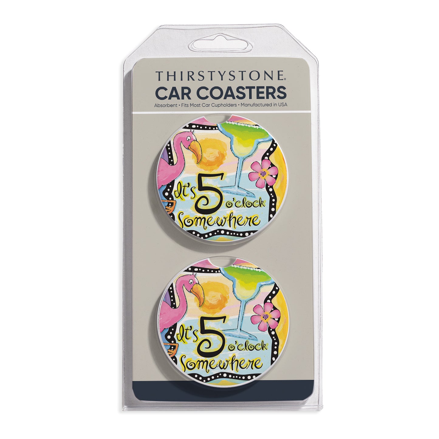 Five O' Clock Somewhere 2 Pack Absorbent Stone Car Coasters 2.6" Manufactured in the USA