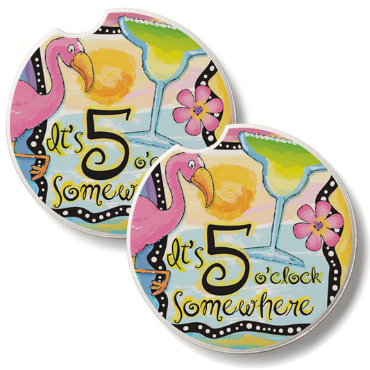 Five O' Clock Somewhere 2 Pack Absorbent Stone Car Coasters 2.6" Manufactured in the USA