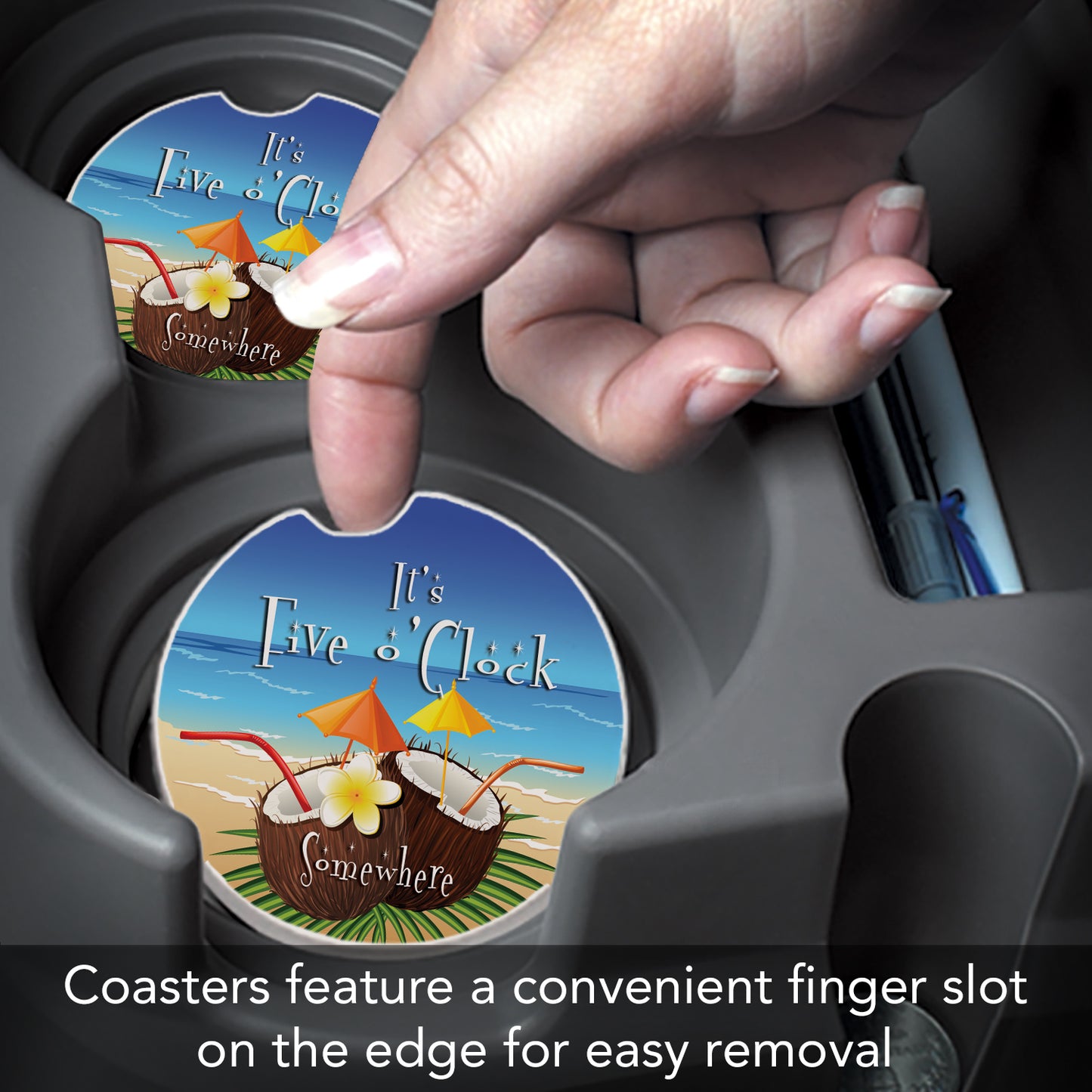 Five O' Clock Coconuts 2 Pack Absorbent Stone Car Coasters 2.6" Manufactured in the USA