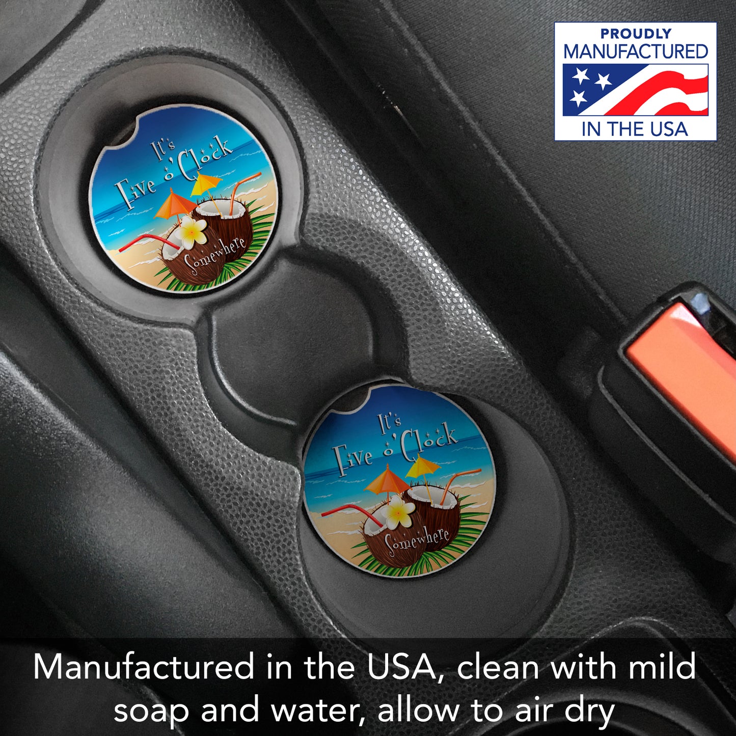 Five O' Clock Coconuts 2 Pack Absorbent Stone Car Coasters 2.6" Manufactured in the USA