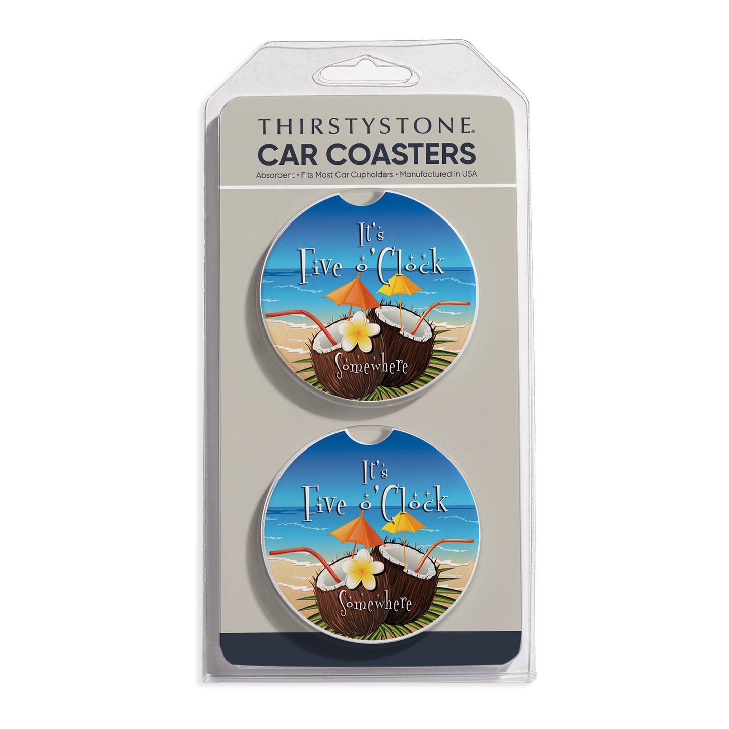 Five O' Clock Coconuts 2 Pack Absorbent Stone Car Coasters 2.6" Manufactured in the USA