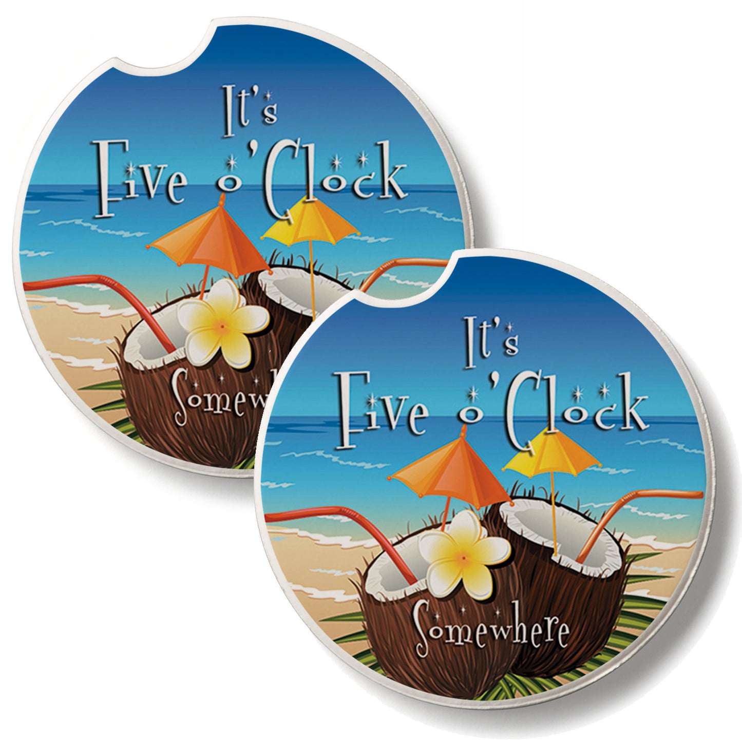 Five O' Clock Coconuts 2 Pack Absorbent Stone Car Coasters 2.6" Manufactured in the USA