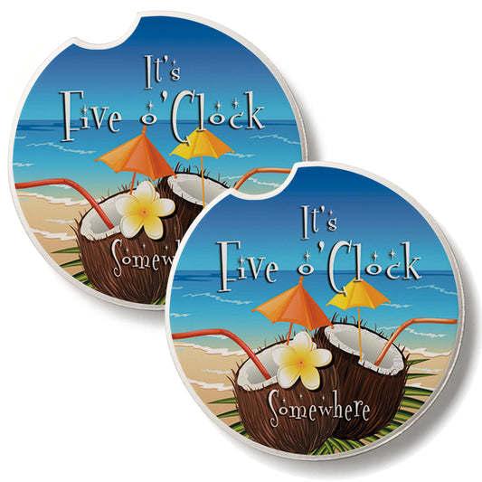 Five O' Clock Coconuts 2 Pack Absorbent Stone Car Coasters 2.6" Manufactured in the USA