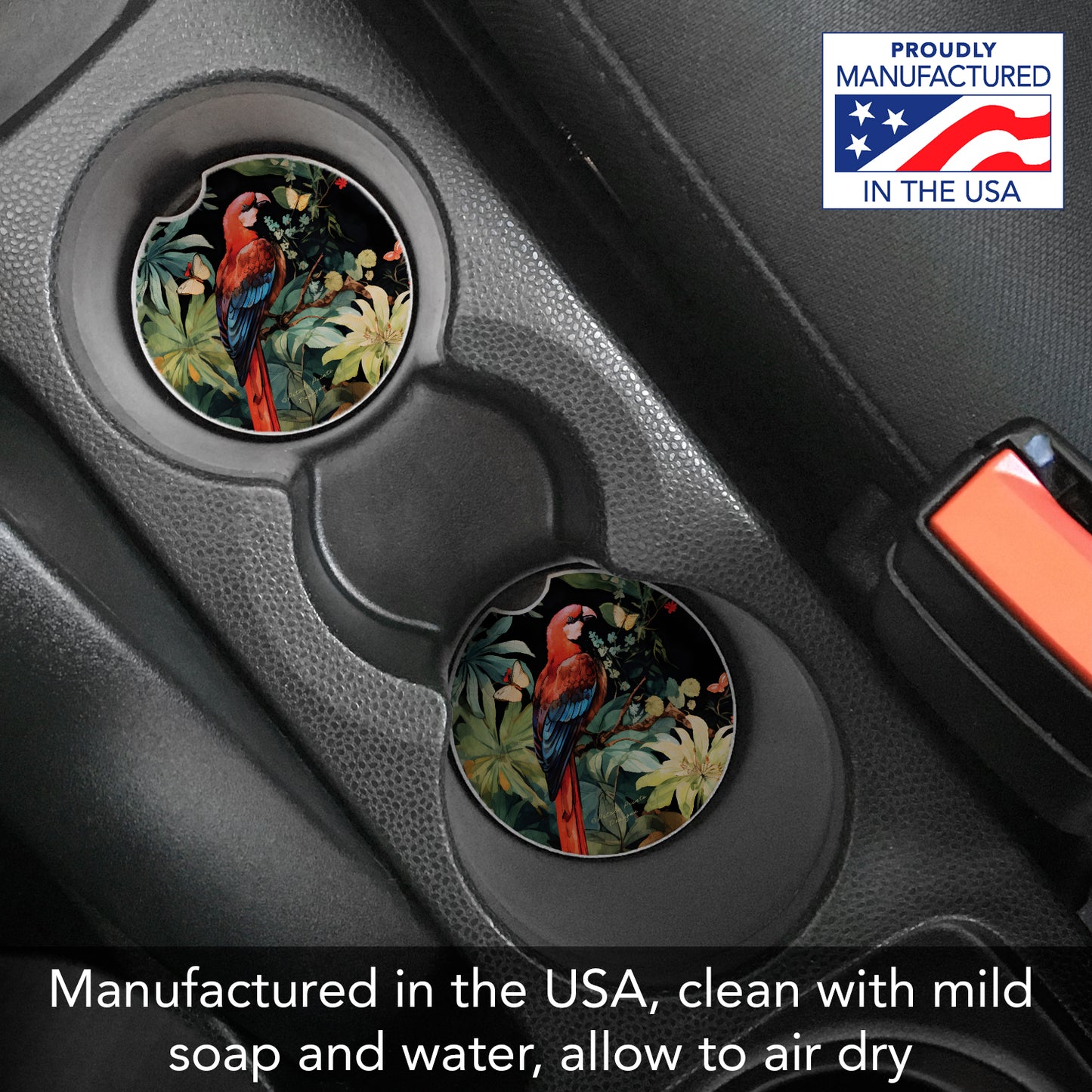 Parrot Party 2 Pack Absorbent Stone Car Coasters 2.6" Manufactured in the USA