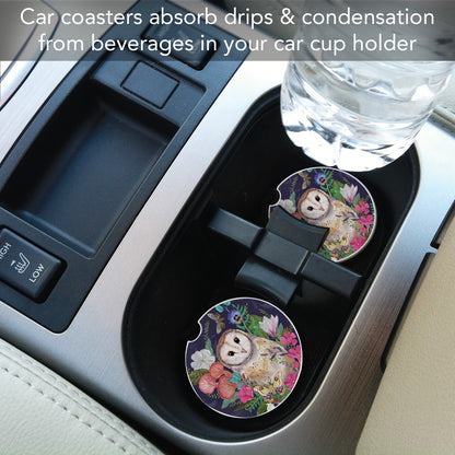 Barn Owl 2 Pack Absorbent Stone Car Coasters 2.6" Manufactured in the USA