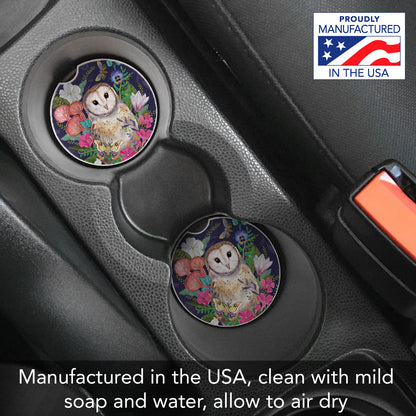 Barn Owl 2 Pack Absorbent Stone Car Coasters 2.6" Manufactured in the USA