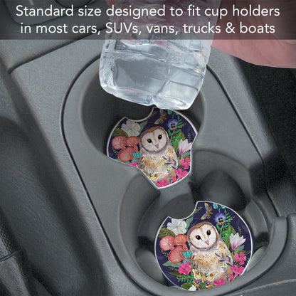 Barn Owl 2 Pack Absorbent Stone Car Coasters 2.6" Manufactured in the USA