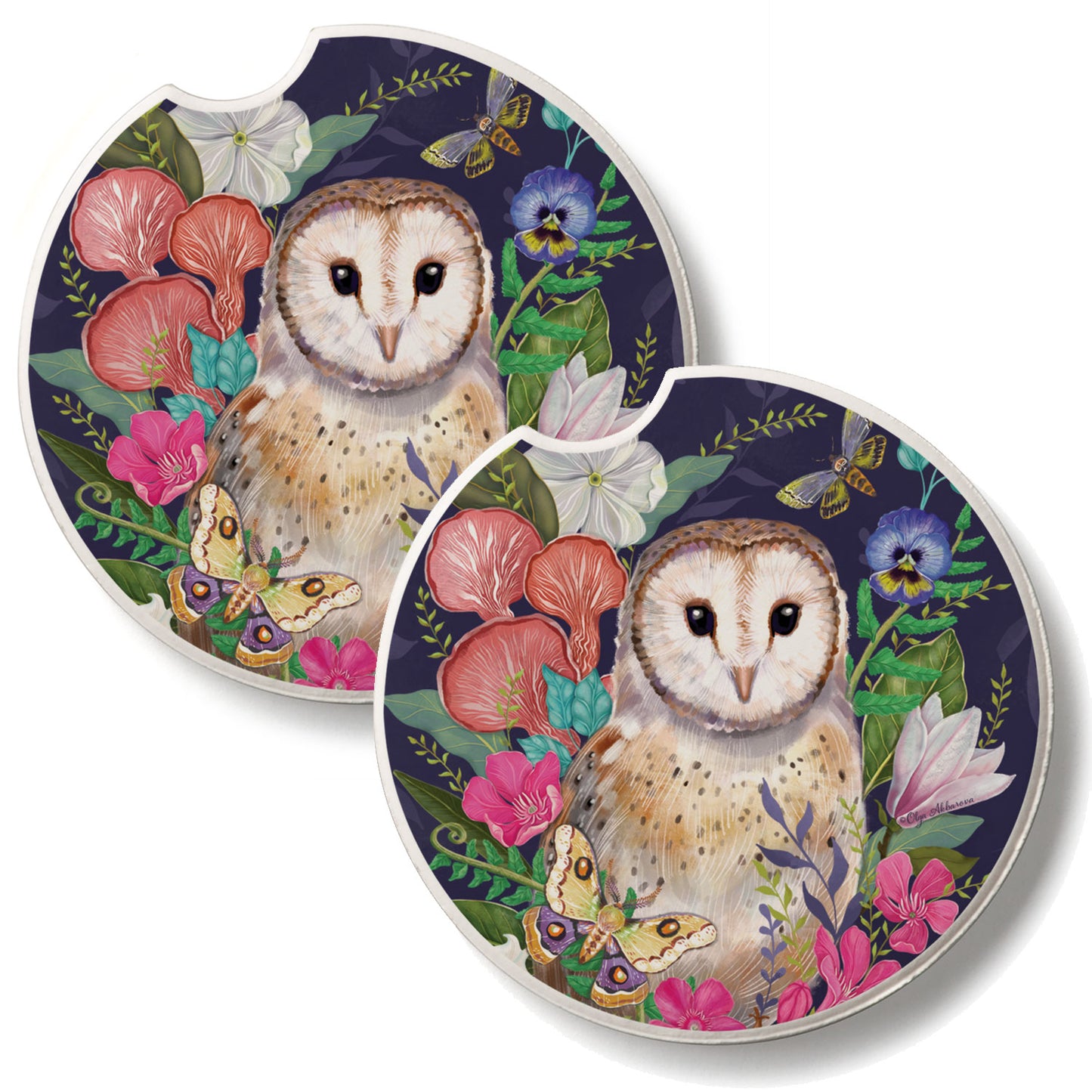 Barn Owl 2 Pack Absorbent Stone Car Coasters 2.6" Manufactured in the USA