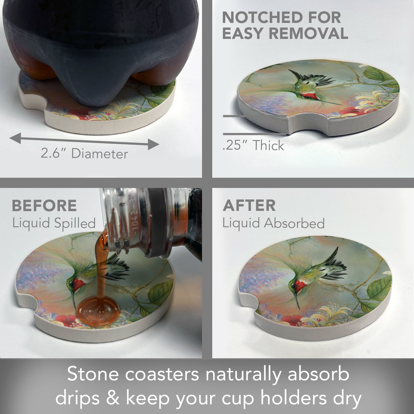 Hummingbird 2 Pack Absorbent Stone Car Coasters 2.6" Manufactured in the USA