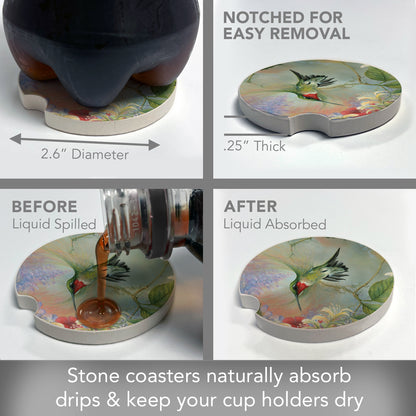 Hummingbird 2 Pack Absorbent Stone Car Coasters 2.6" Manufactured in the USA