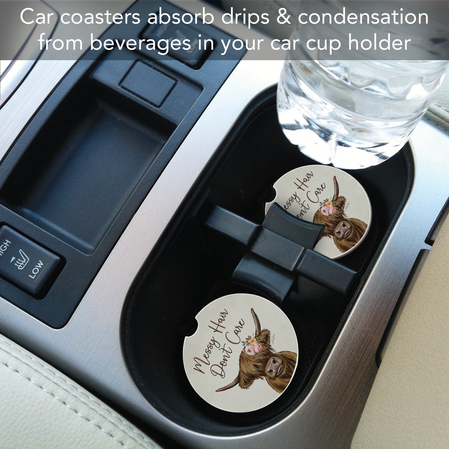 Messy Hair Cow 2 Pack Absorbent Stone Car Coasters 2.6" Manufactured in the USA