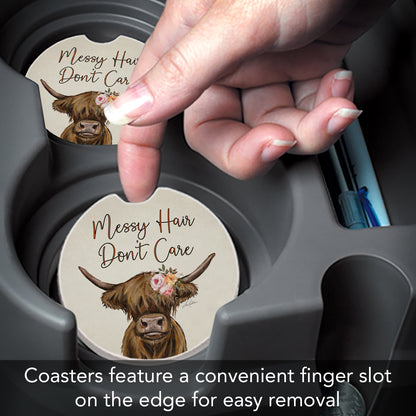 Messy Hair Cow 2 Pack Absorbent Stone Car Coasters 2.6" Manufactured in the USA