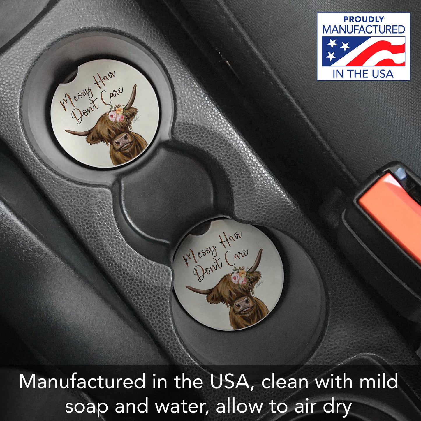 Messy Hair Cow 2 Pack Absorbent Stone Car Coasters 2.6" Manufactured in the USA