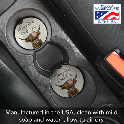 Messy Hair Cow 2 Pack Absorbent Stone Car Coasters 2.6" Manufactured in the USA