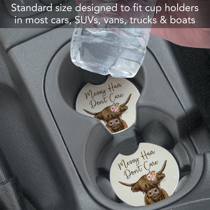 Messy Hair Cow 2 Pack Absorbent Stone Car Coasters 2.6" Manufactured in the USA