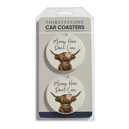 Messy Hair Cow 2 Pack Absorbent Stone Car Coasters 2.6" Manufactured in the USA