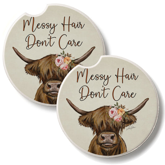 Messy Hair Cow 2 Pack Absorbent Stone Car Coasters 2.6" Manufactured in the USA