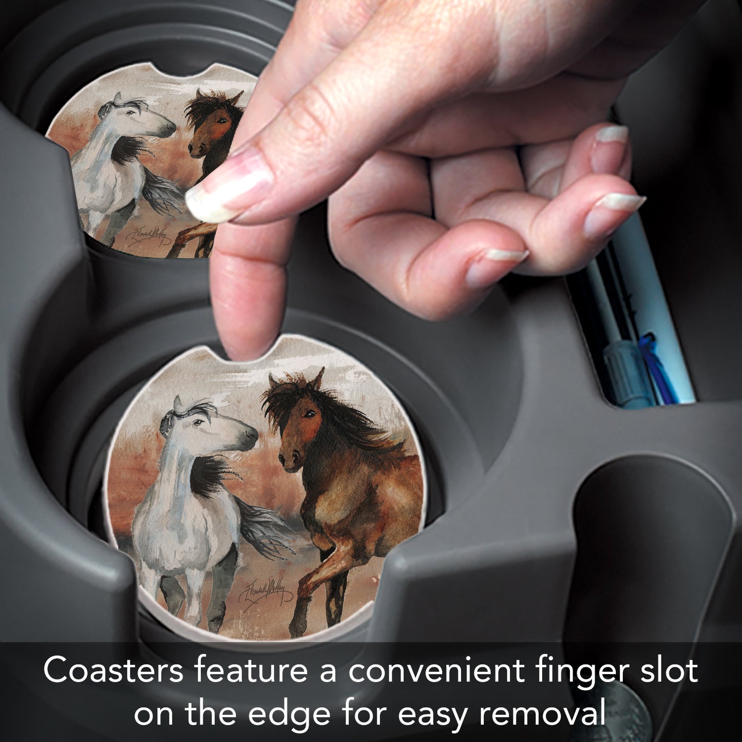 Southwest Horses 2 Pack Absorbent Stone Car Coasters 2.6" Manufactured in the USA