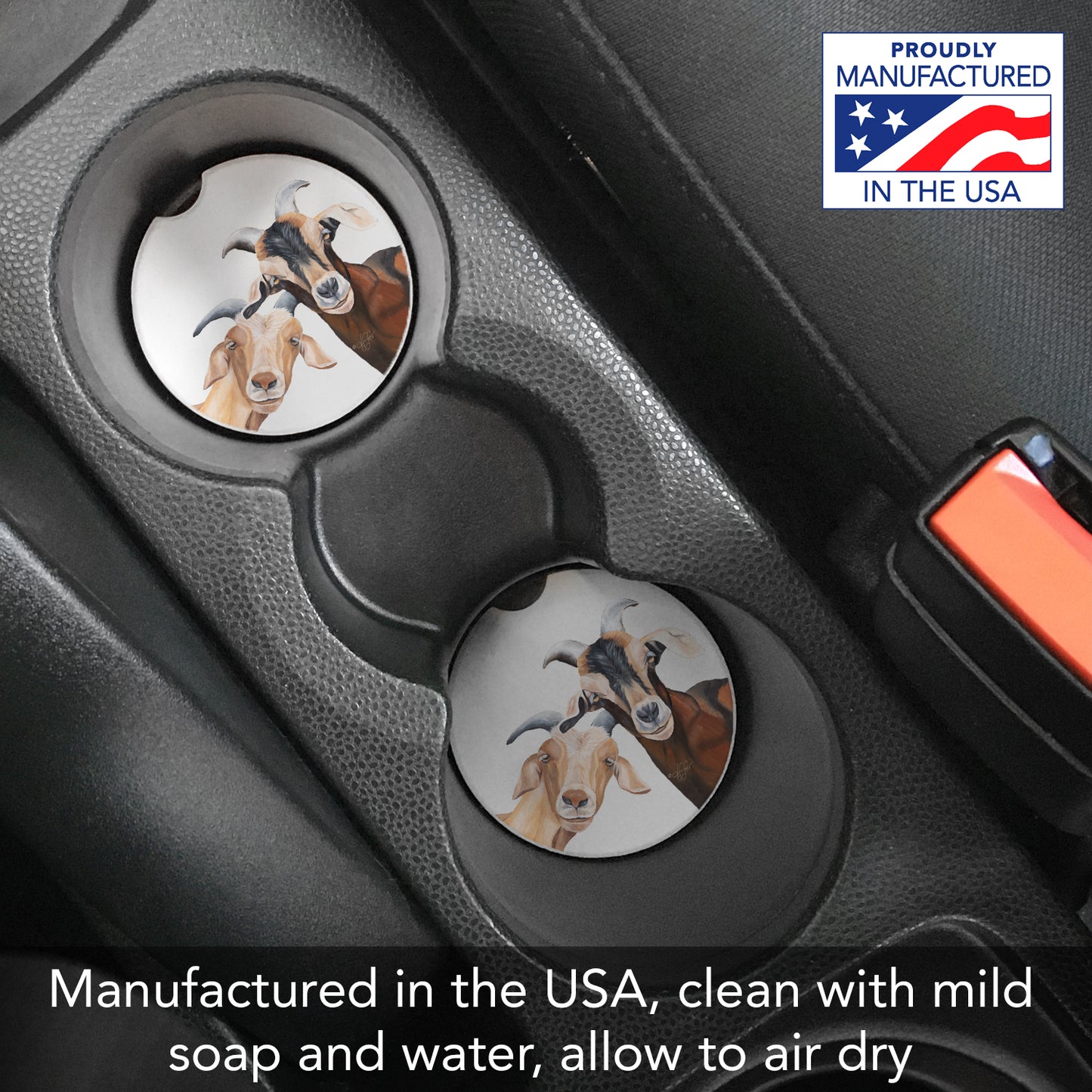 Goats 2 Pack Absorbent Stone Car Coasters 2.6" Manufactured in the USA