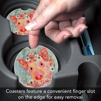 Crowned Piggy 2 Pack Absorbent Stone Car Coasters 2.6" Manufactured in the USA