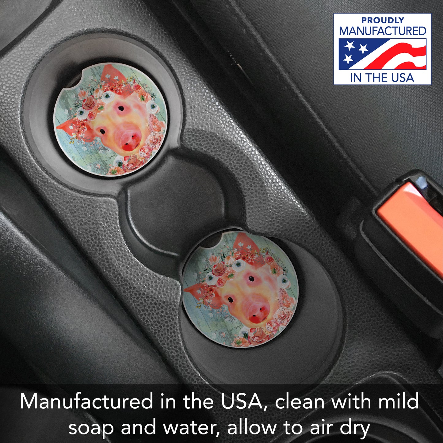 Crowned Piggy 2 Pack Absorbent Stone Car Coasters 2.6" Manufactured in the USA