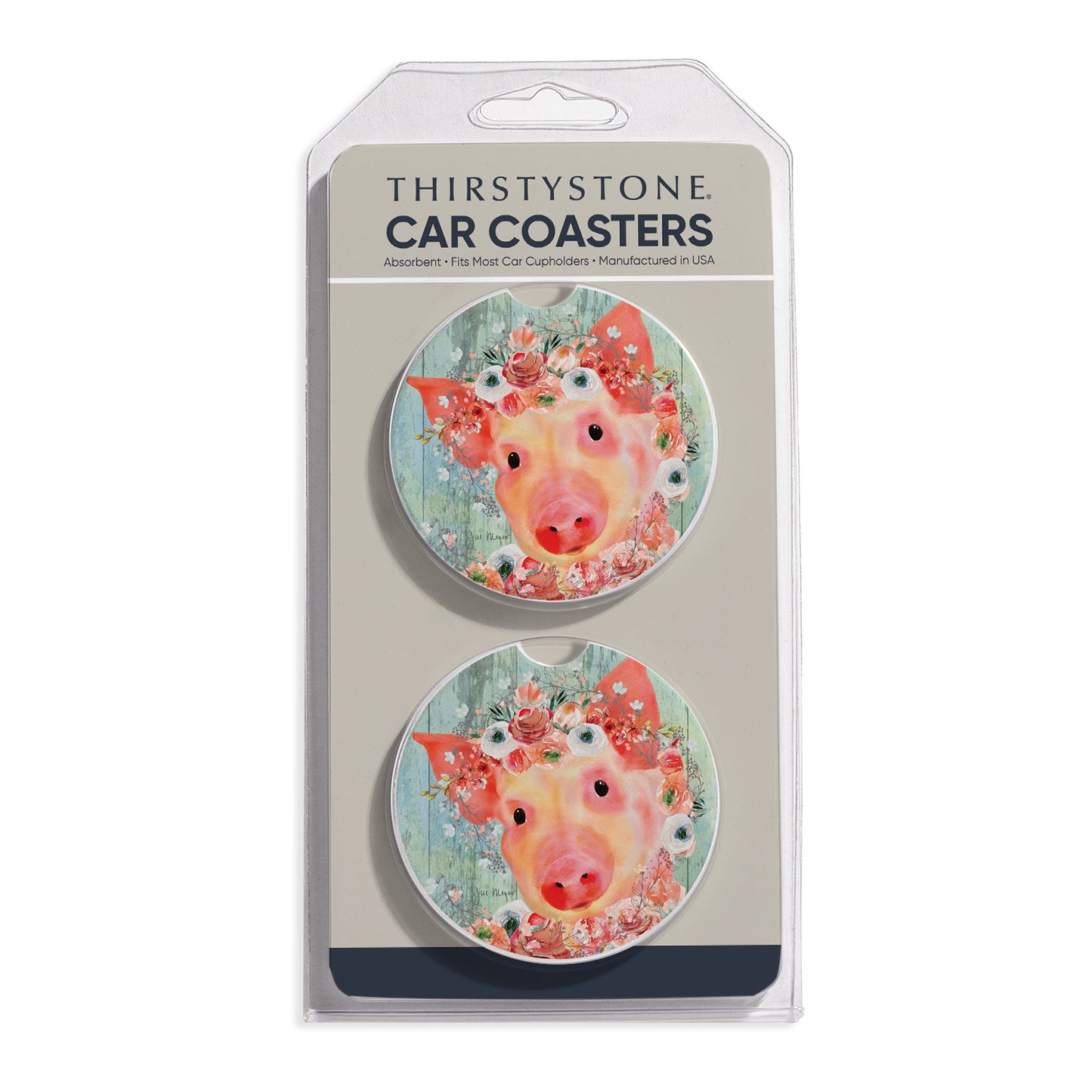 Crowned Piggy 2 Pack Absorbent Stone Car Coasters 2.6" Manufactured in the USA