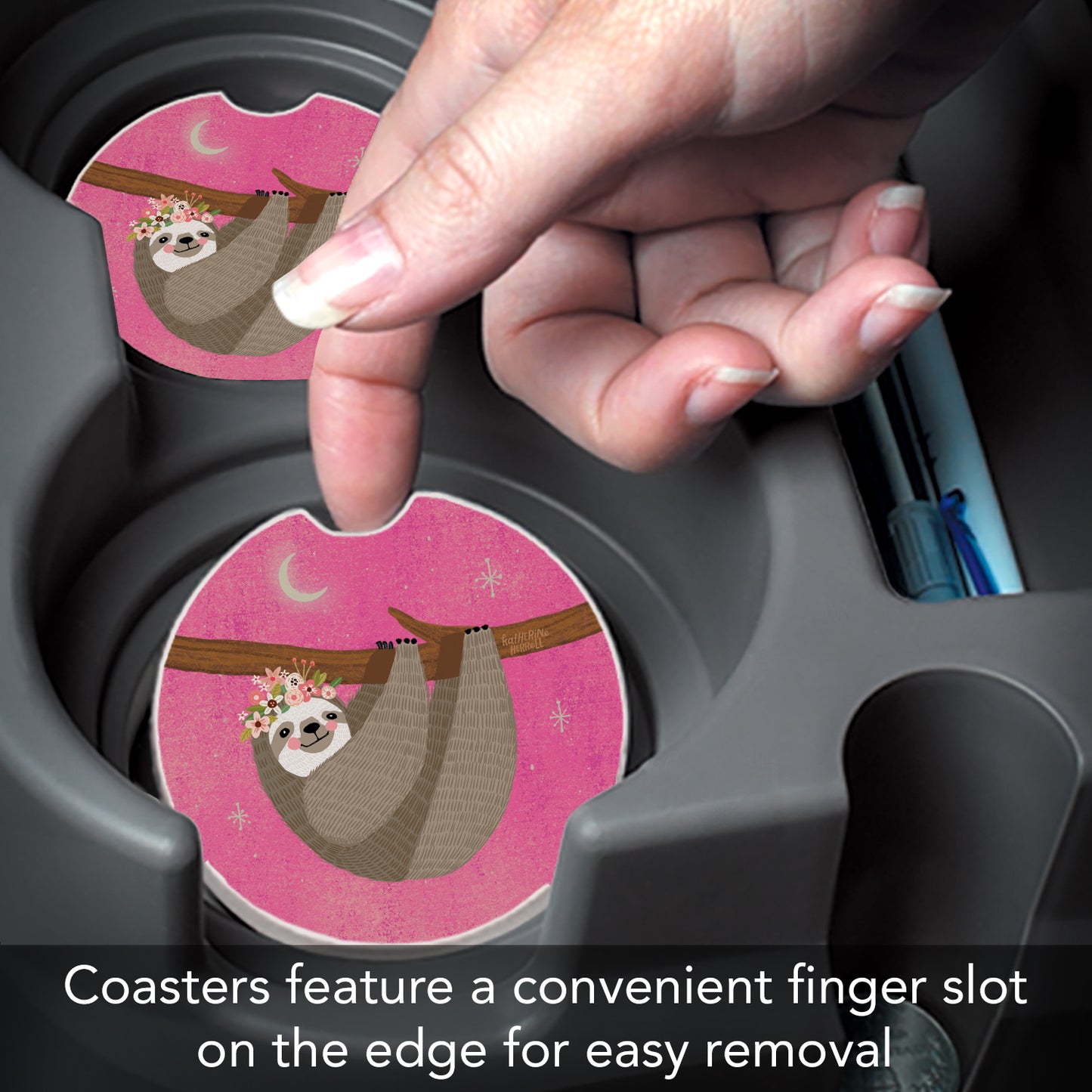 Pink Sloth 2 Pack Absorbent Stone Car Coasters 2.6" Manufactured in the USA