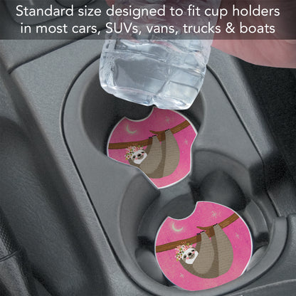 Pink Sloth 2 Pack Absorbent Stone Car Coasters 2.6" Manufactured in the USA