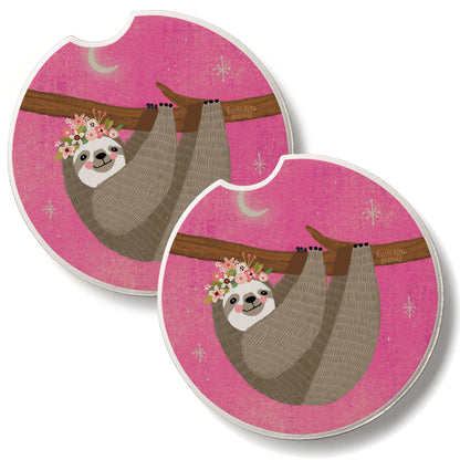 Pink Sloth 2 Pack Absorbent Stone Car Coasters 2.6" Manufactured in the USA