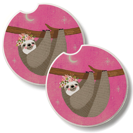Pink Sloth 2 Pack Absorbent Stone Car Coasters 2.6" Manufactured in the USA