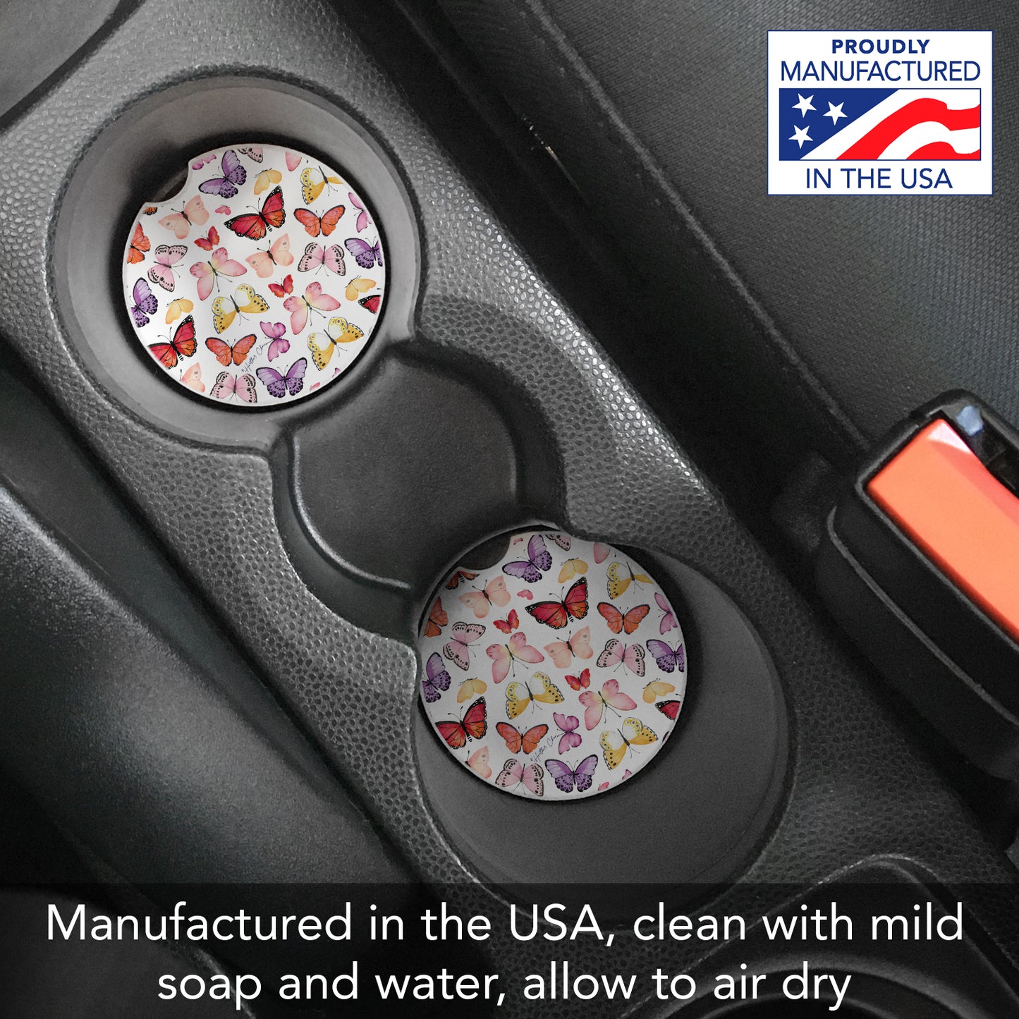 Watercolor Butterflies 2 Pack Absorbent Stone Car Coasters 2.6" Manufactured in the USA