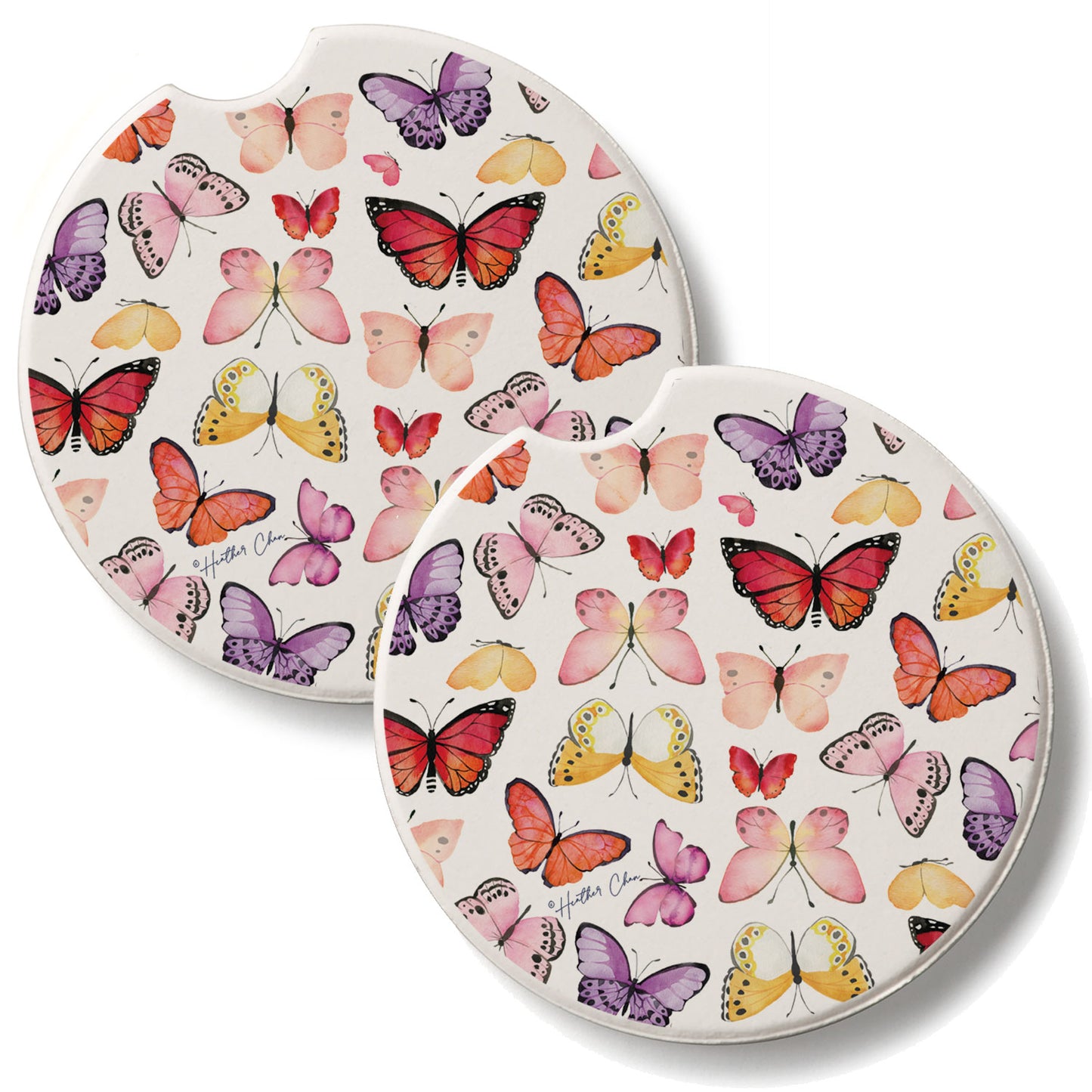Watercolor Butterflies 2 Pack Absorbent Stone Car Coasters 2.6" Manufactured in the USA