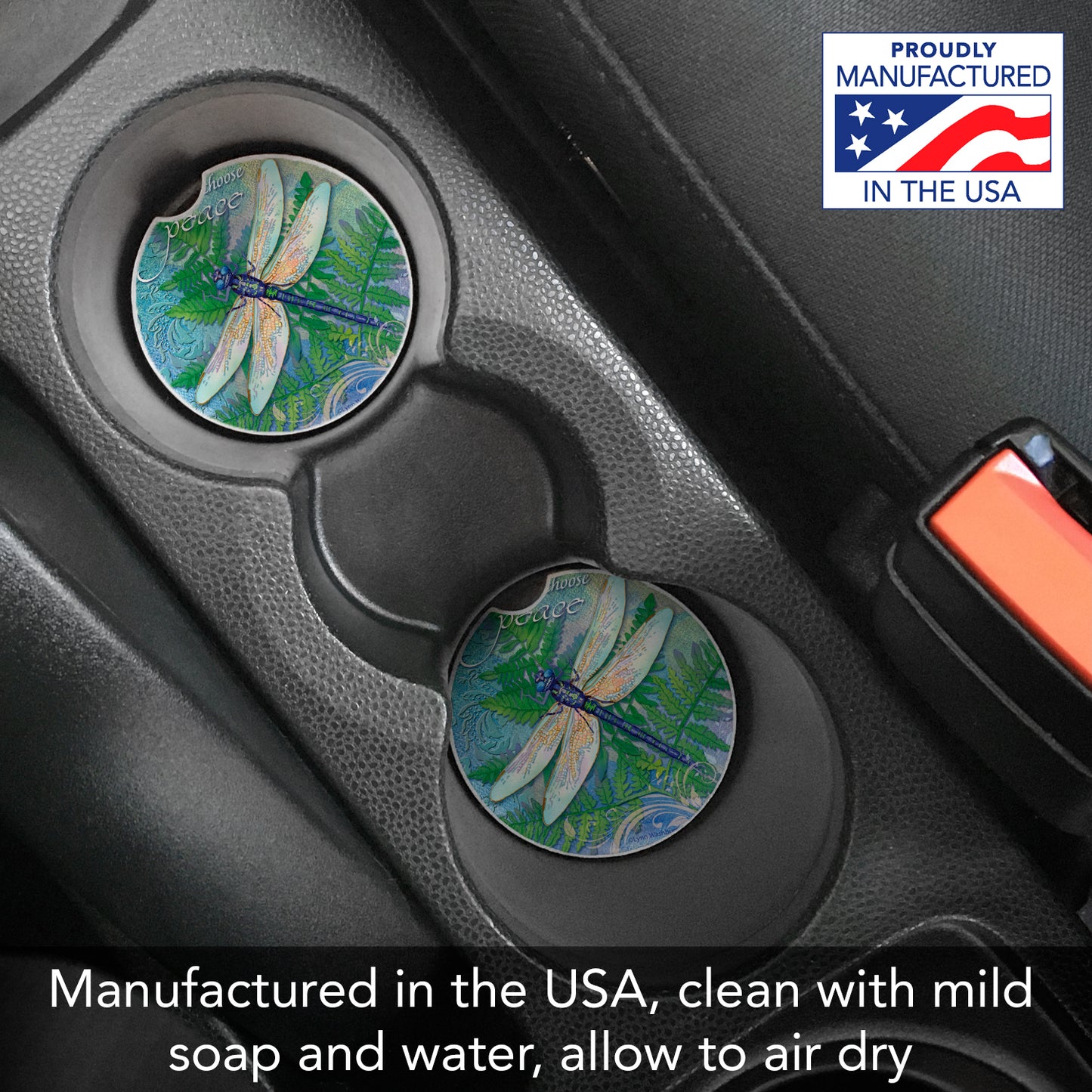 Dragonfly Inspiration 2 Pack Absorbent Stone Car Coasters 2.6" Manufactured in the USA